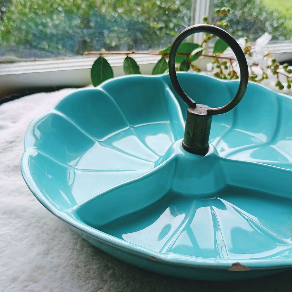 Vintage, Mid-Century, California Pottery aqua 3 section candy Dish, Serving Dish - Picture 7 of 10